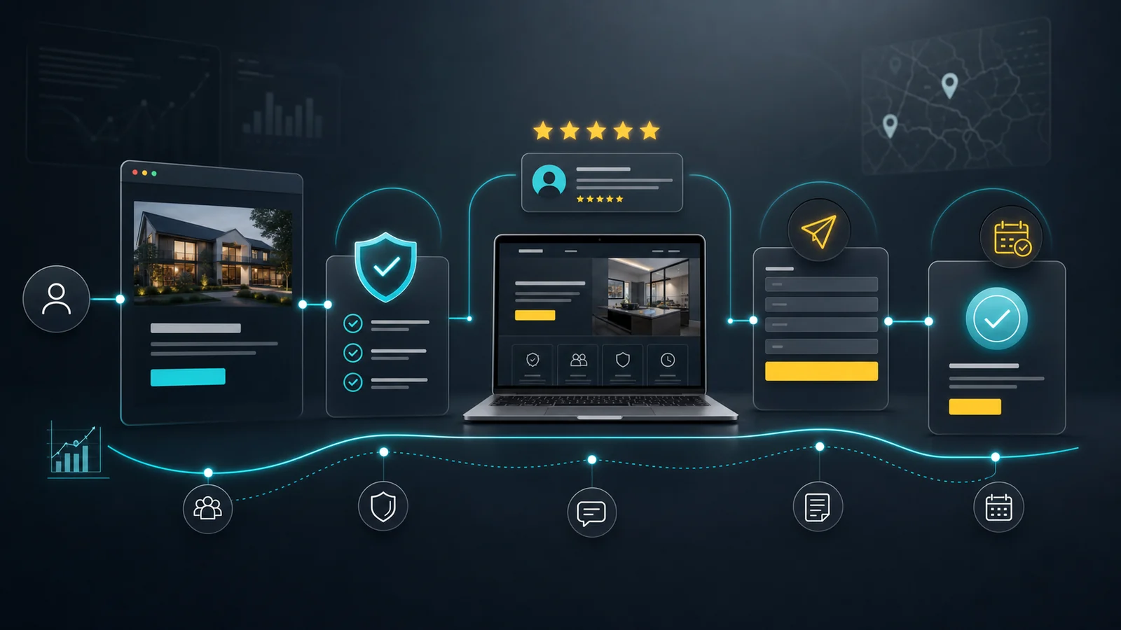 Website-Anfrageweg als Verbindung aus Technik, Vertrauen und Kontaktformular.